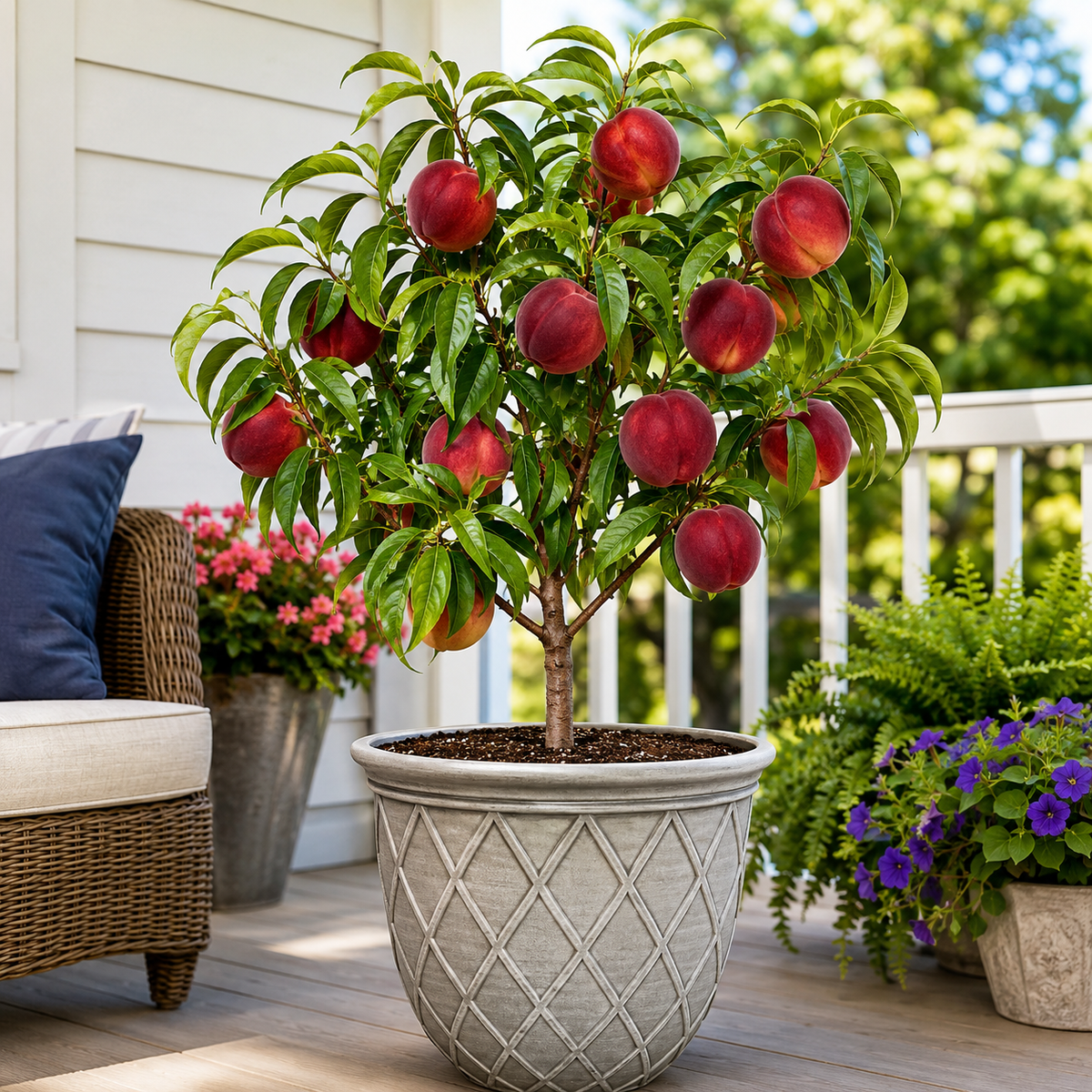 Ruby Red Peach Tree Sapling for Backyard Gardens - Pot / Home Scene