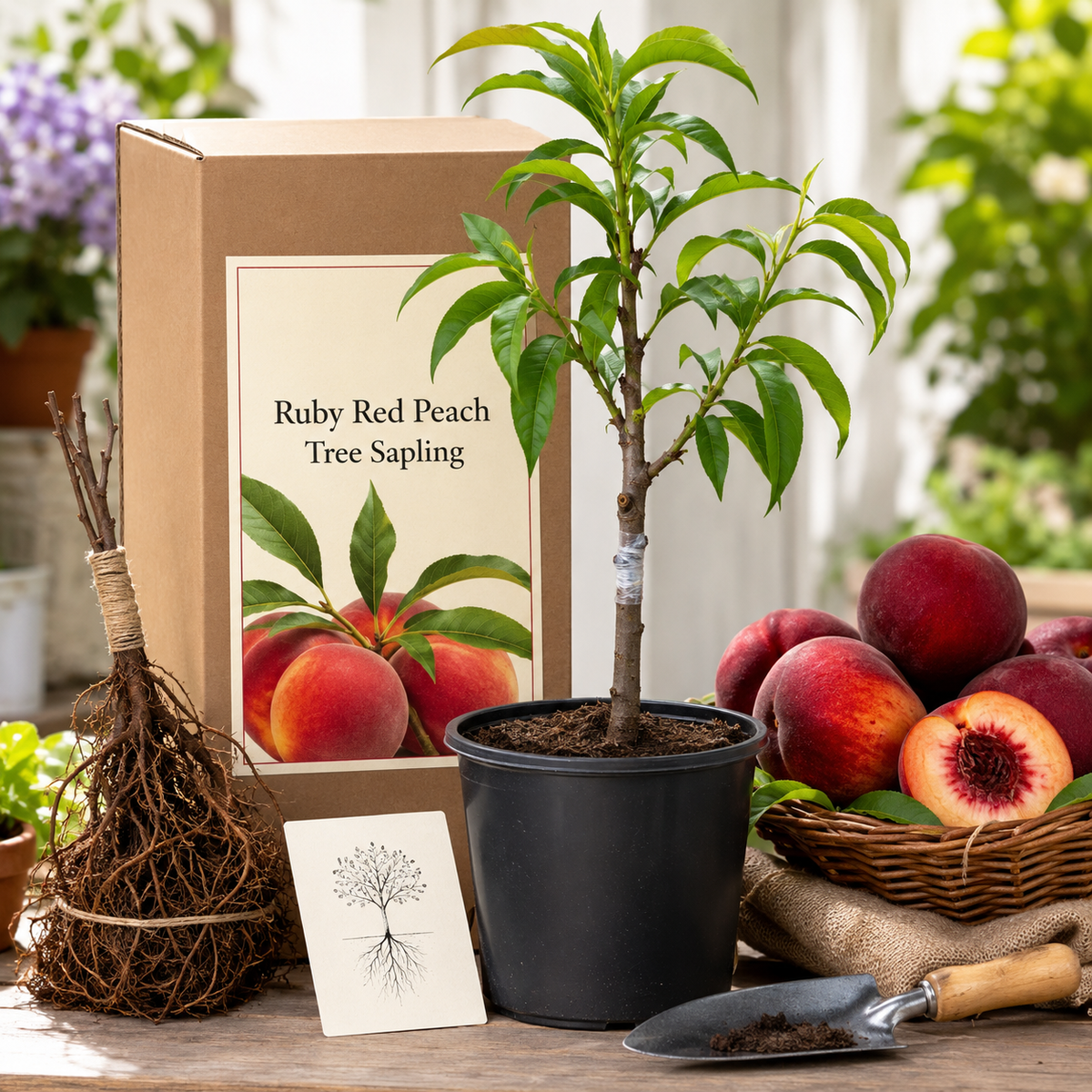 Ruby Red Peach Tree Sapling for Backyard Gardens - Pack Display