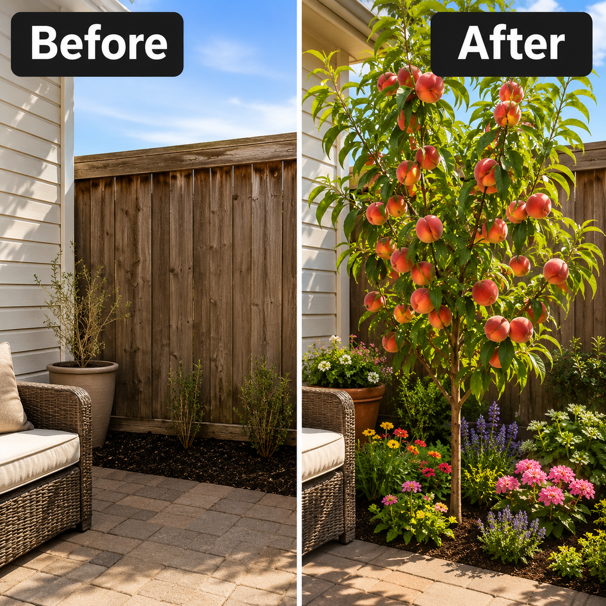 Ruby Red Peach Tree Sapling for Backyard Gardens - Before / After Transformation