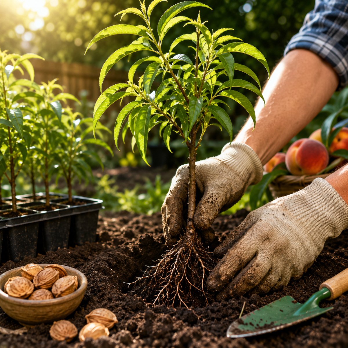 Ruby Red Peach Tree Sapling for Backyard Gardens - Planting / Root View