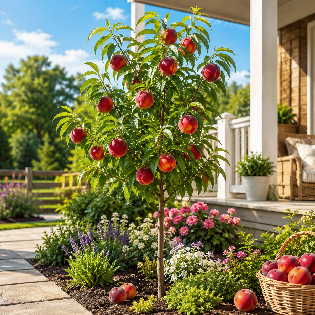 Ruby Red Peach Tree Sapling for Backyard Gardens - Lifestyle Scene