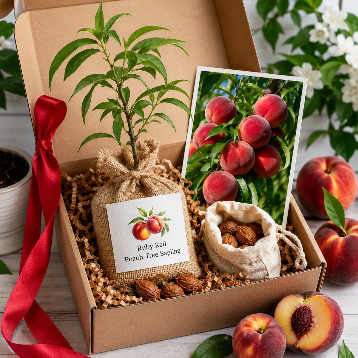 Ruby Red Peach Tree Sapling for Backyard Gardens - Giftable Pack Arrangement