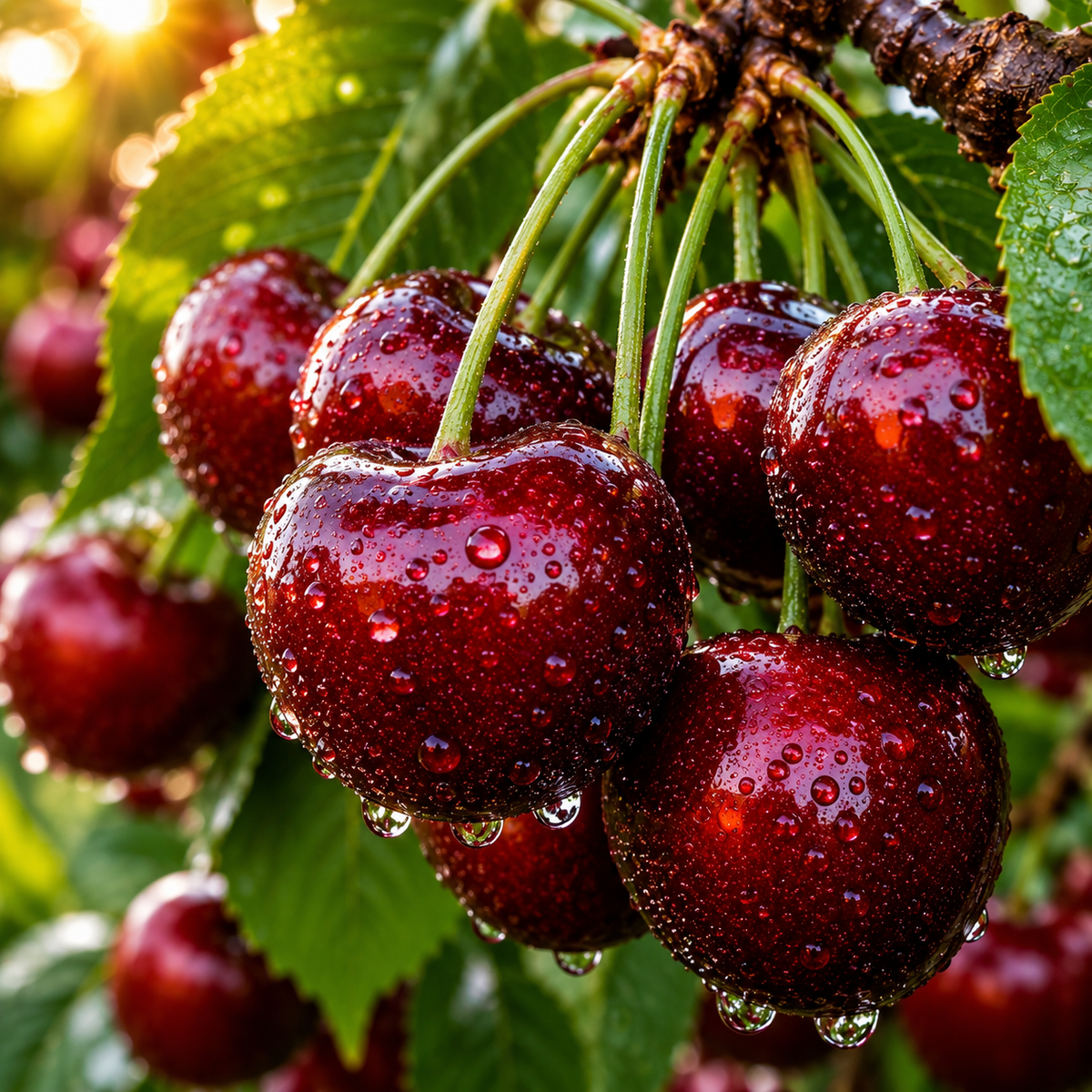 Giant Sweet Cherry Sapling for Home Orchards - Ripe Cherry Macro Cluster