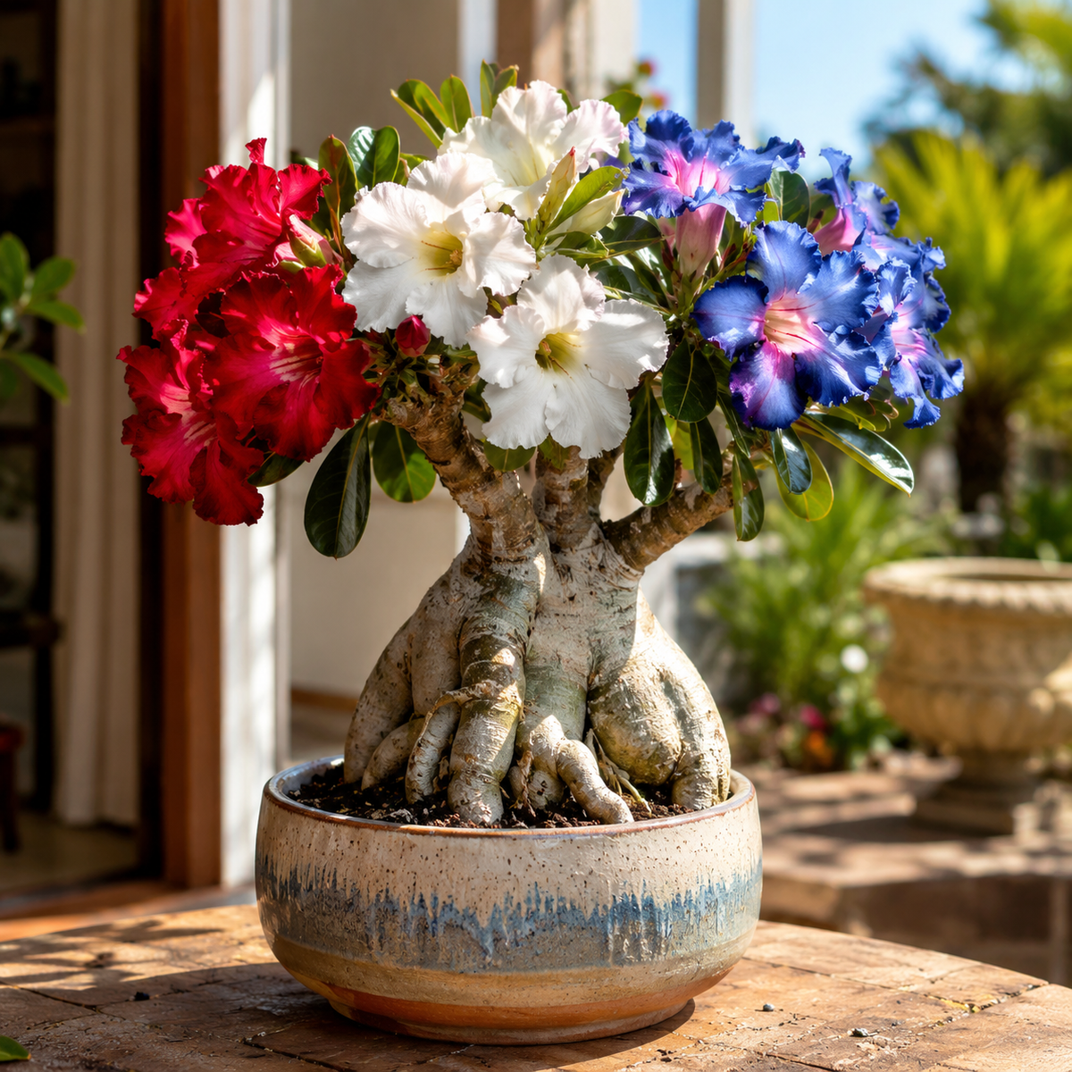 Red White Blue Desert Rose Seedlings - Sculptural Tabletop Beauty