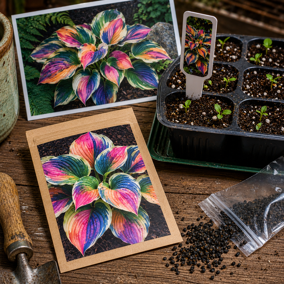 Rainbow Flame Hosta Seeds for Colorful Shade - Seed Packet And Tiny Seeds