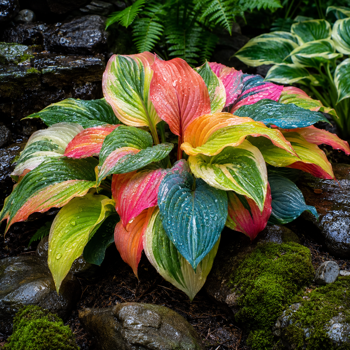 Rainbow Flame Hosta Seeds for Colorful Shade - Rainy Shade Garden Scene