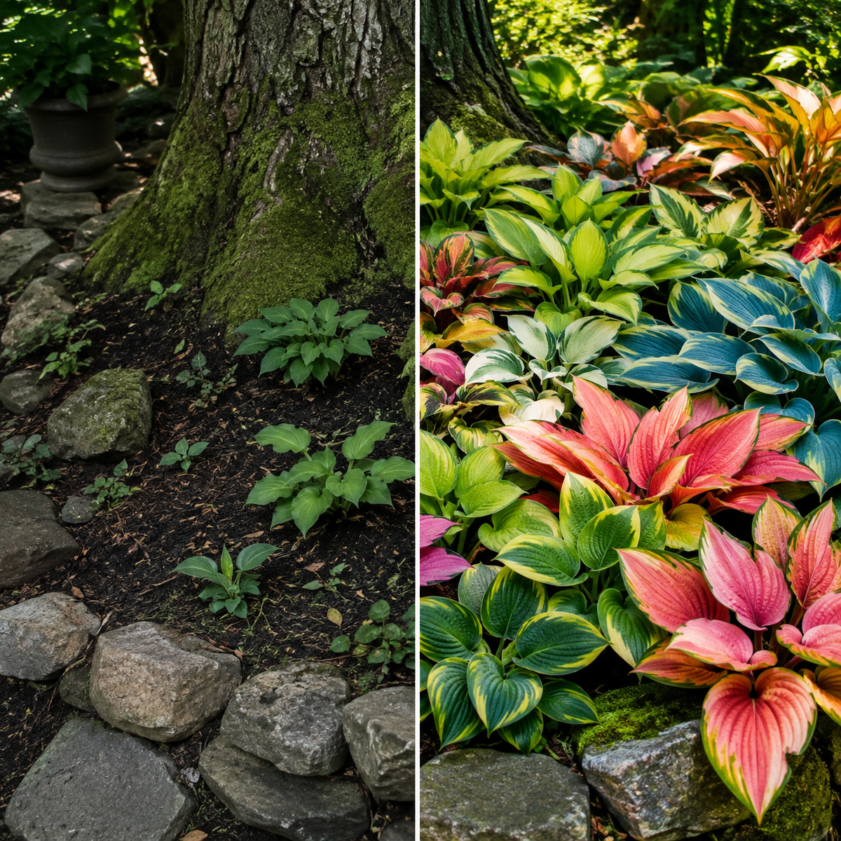 Rainbow Flame Hosta Seeds for Colorful Shade - Before After Shade Corner