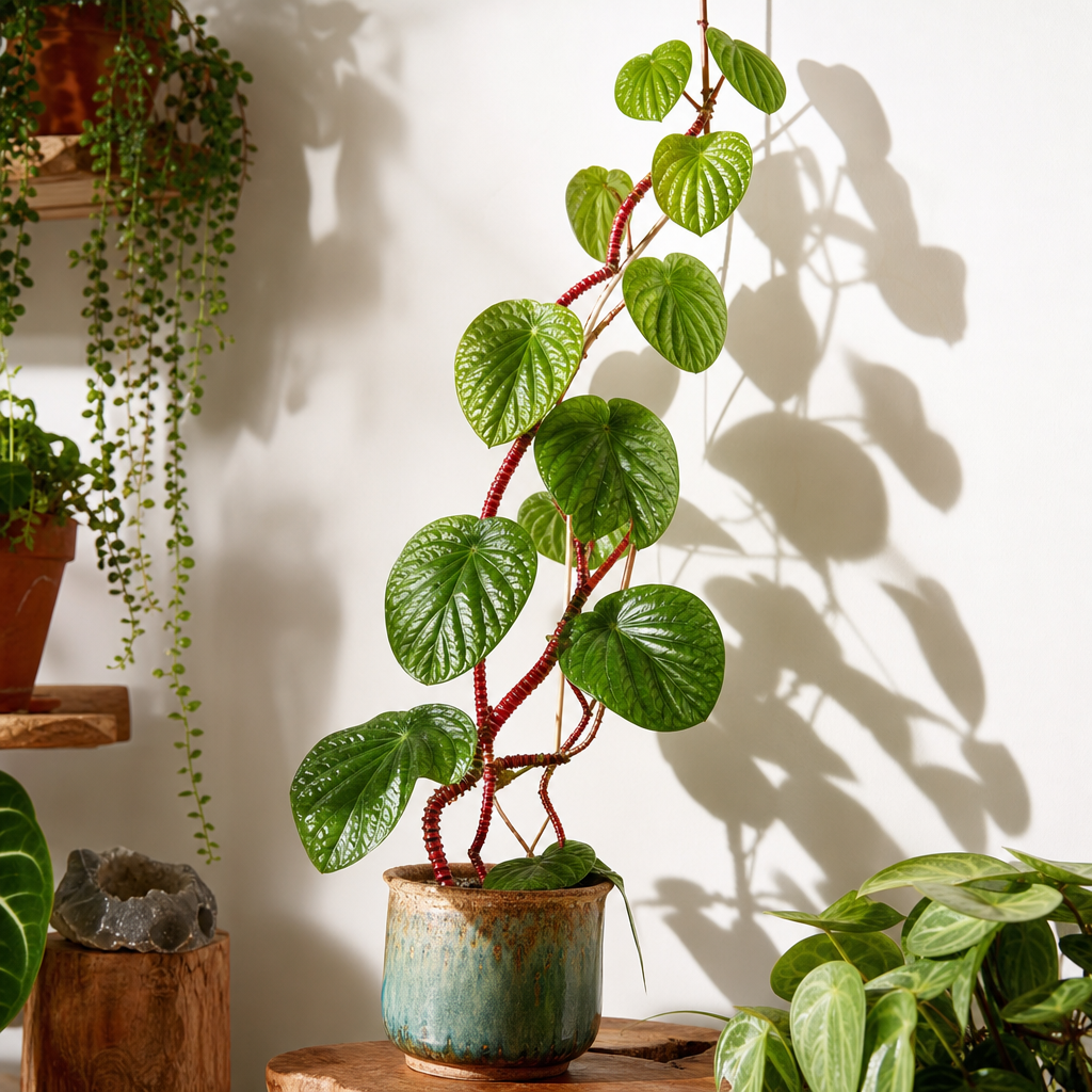 Red Stem Stephania Erecta Houseplant Starter - Red Stem Detail Against White Wall
