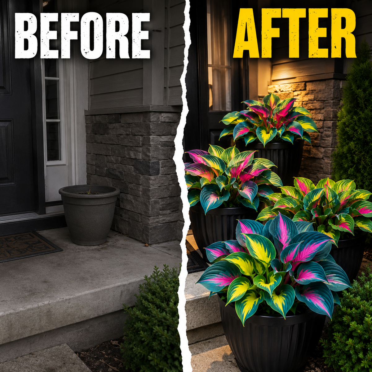 Peacock Flame Hosta Seeds for Bright Foliage - Entryway Before After